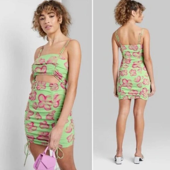 Wild Fable Mint Green Floral Sleeveless Cut Out Ruched Front Bodycon Dress | NWT - Picture 2 of 5